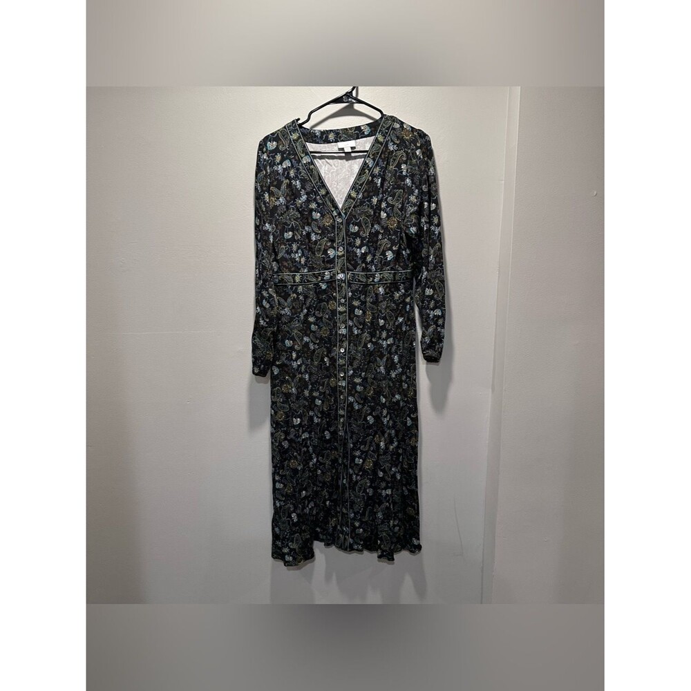 J. Jill Black Floral Long Sleeve Button-Front Midi Dress Size Medium Petite